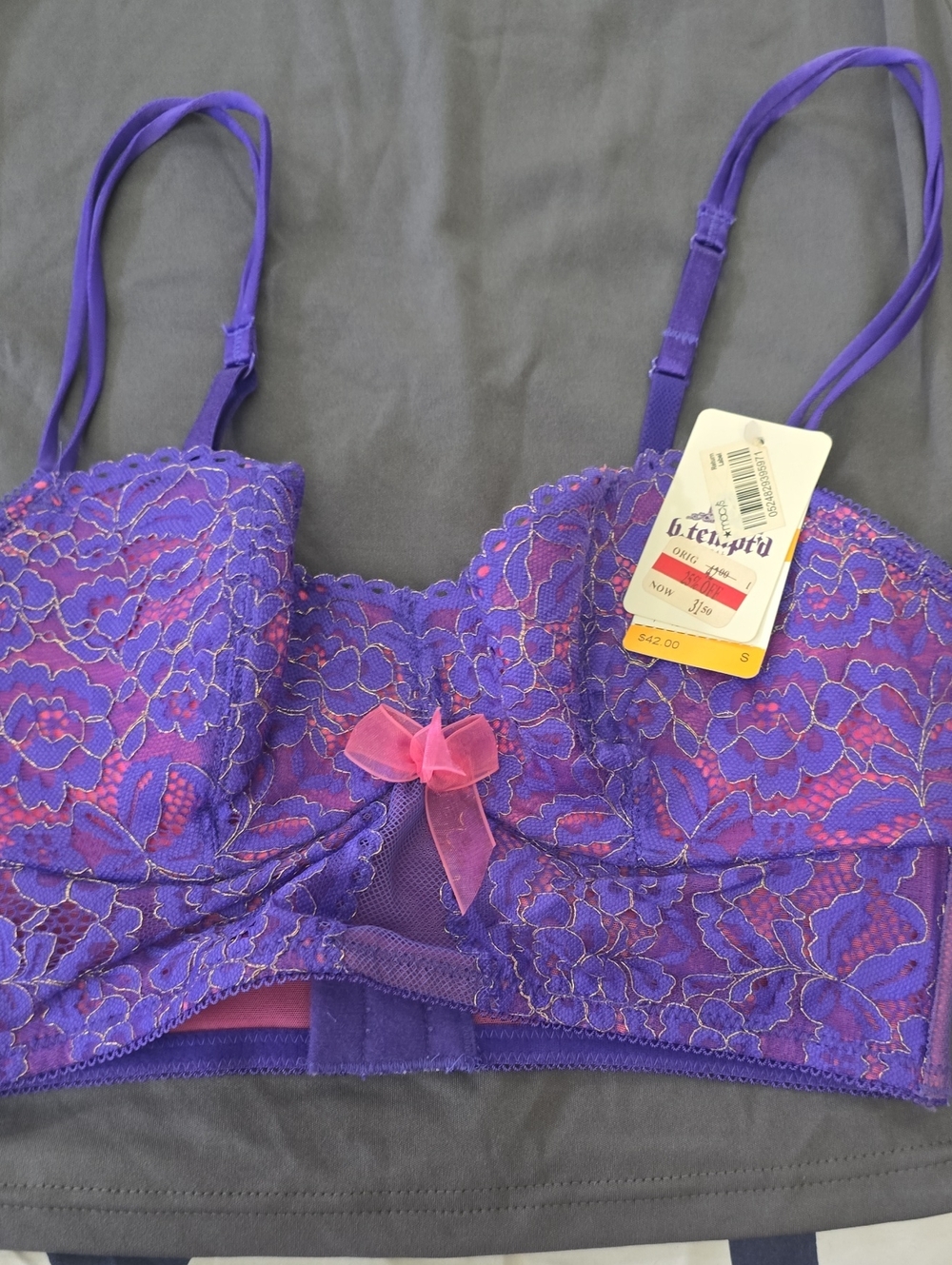 B Temp'd Purple Lace Longline Bra with Pink Accents